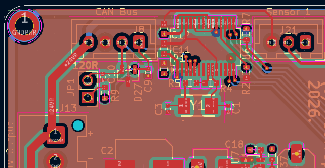 PCB layout showing component placement and routing